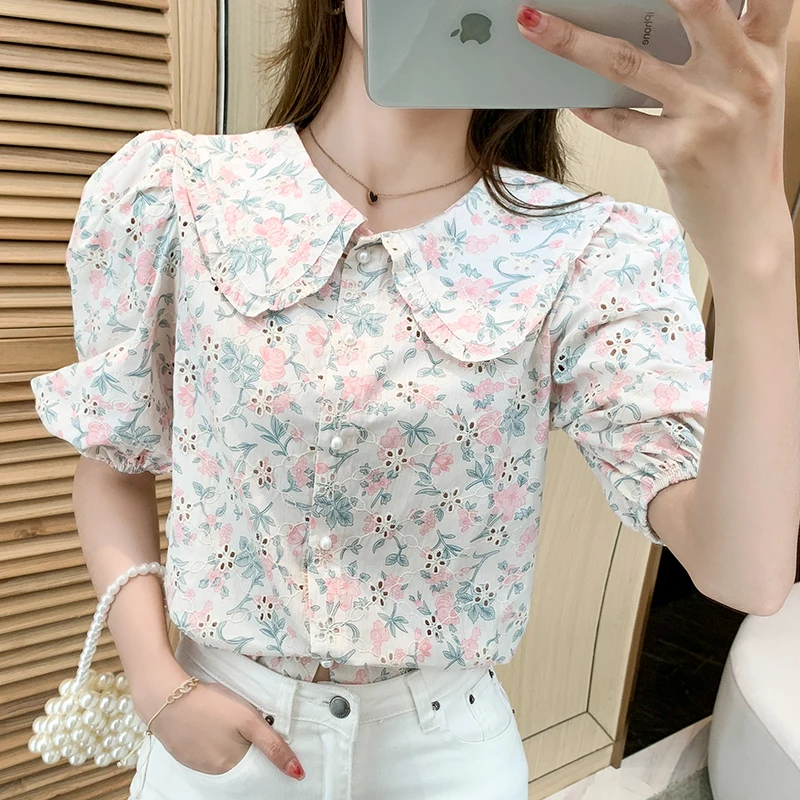 

Sweet Retro Flower Print Shirt Top Women 2021 Summer New Doll Collar Puff Sleeve Cute Short Sleeve Blouse