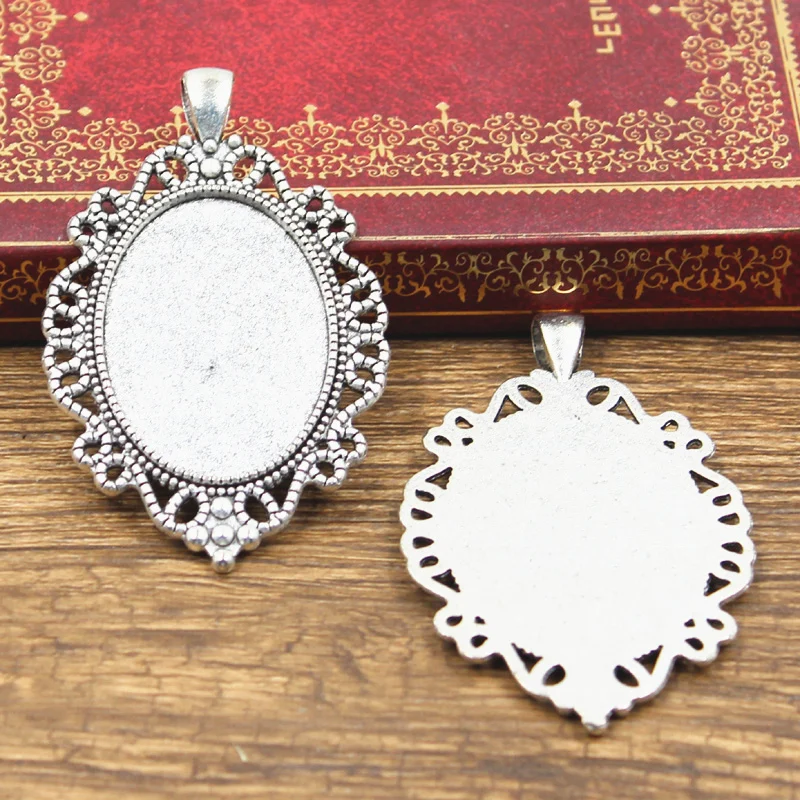 2pcs Fit 35x25mm Oval Glass Cabochon Base Setting Hot Antique Bronze Silver Color Color Pendant Tray For Jewelry DIY Making