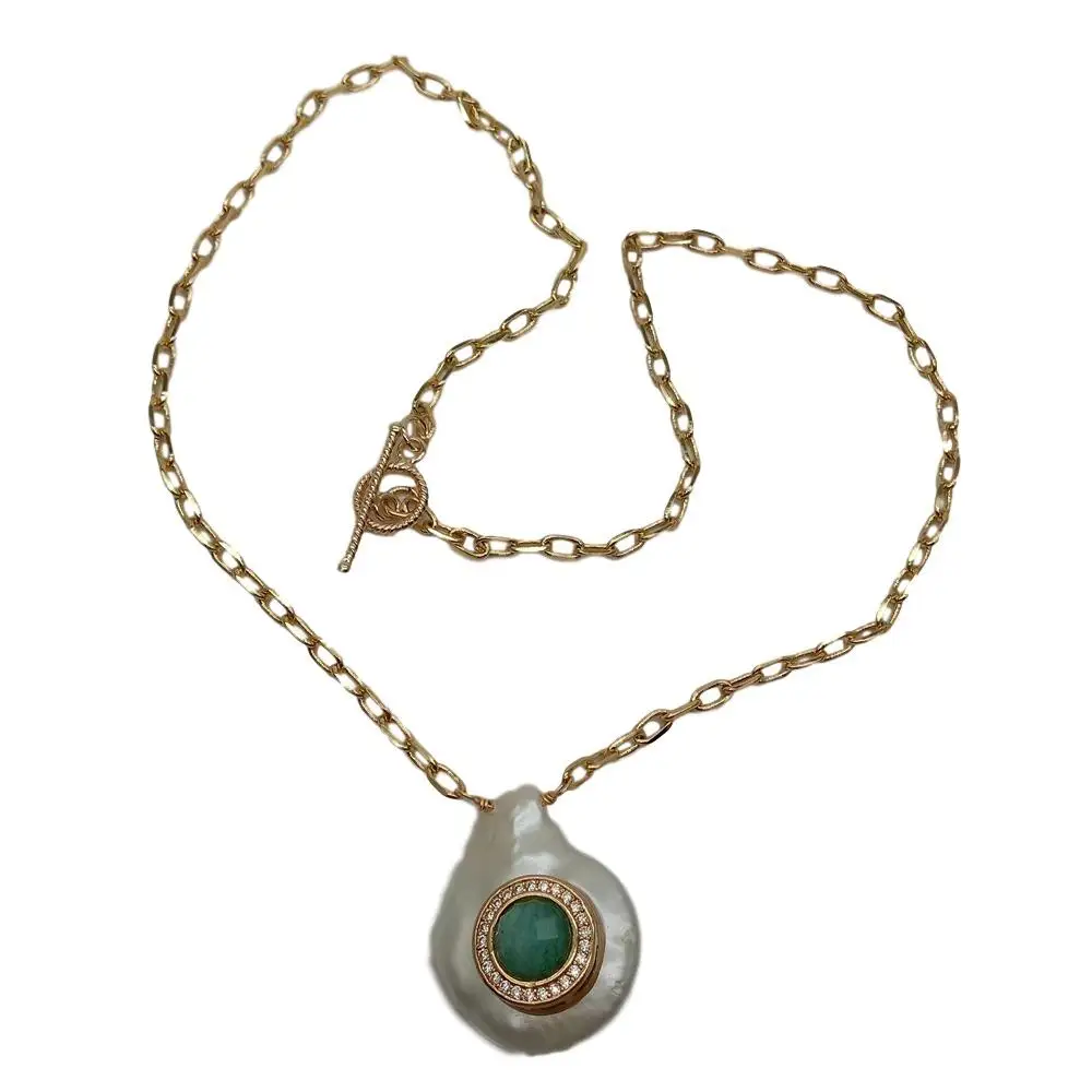 Y·YING natural Cultured White Coin freshwater Pearl Cz Pave Green Amazonite Charm gold color plated Chain Necklace 17\