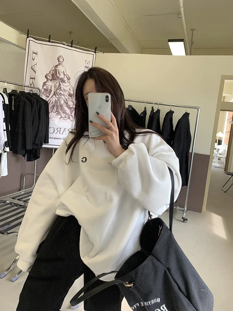 Pink Pullovers Women Plus Velvet Thick Loose Korean Fall Winter 2023 New All-match Mid-length Casual Top Female Long Sleeve Tops