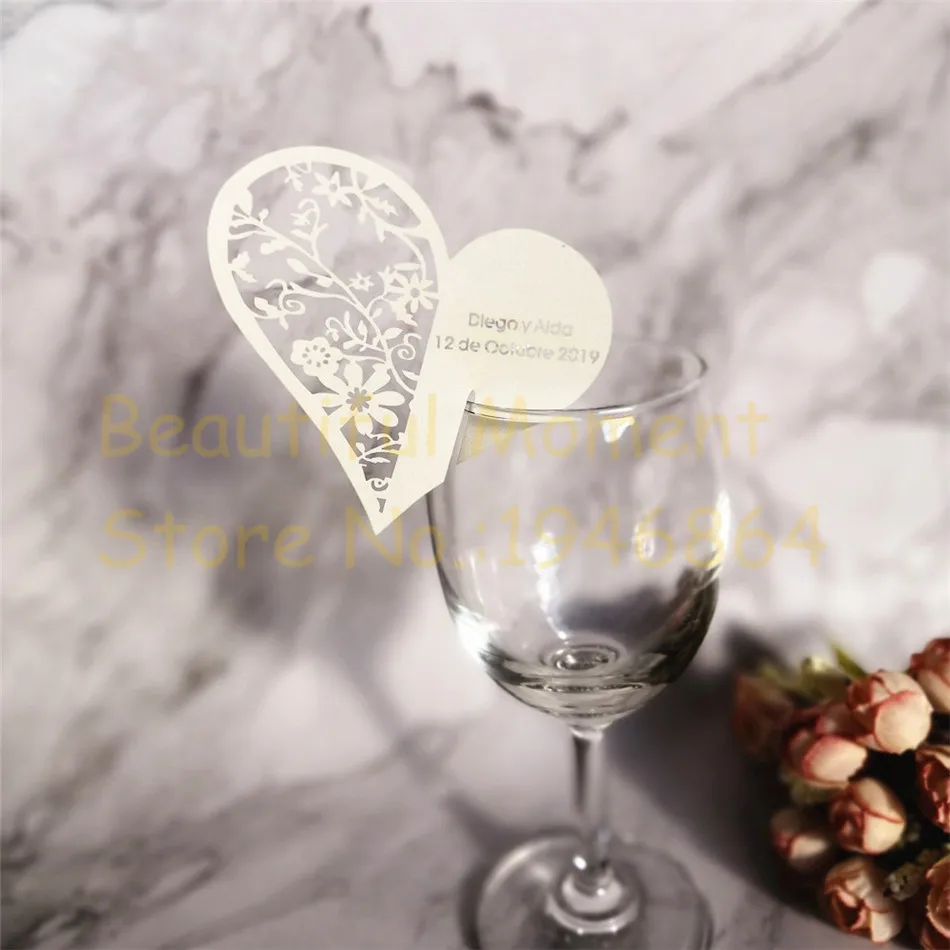 60X Lace Flower Wedding place cards,name place card love heart Wedding Favor, customized card wedding table mark wine glass card