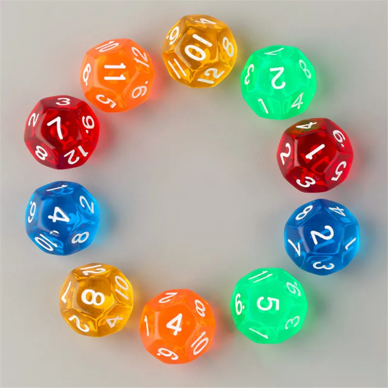 Dados acrílicos D12 para juegos de mesa, juego de dados de Color transparente, con número 1-12, 5 colores, 10 unids/set