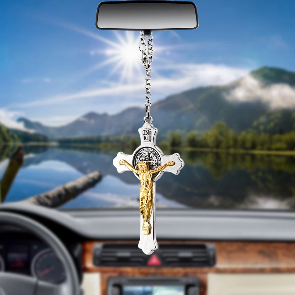 Car Pendant Catholic Jesus Cross Pendant Christ Religious Rearview Mirror Decoration Hanging Auto Decor Cars Accessories Styling