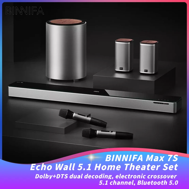 BINNIFA 5,1 Домашний кинотеатр Max 7S Dolby DTS Двойное декодирование Echo Sound Bar Bluetooth 5,0 динамик сабвуфер беспроводные двойные микрофоны