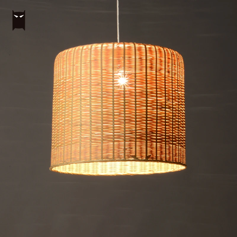 Delicate Bamboo Wicker Rattan Round Straight Bucket Pendant Light Fixture Vintage Retro Nordic Simple Hanging Ceiling Lamp Home