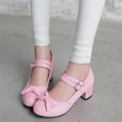 YQBTDL 2022 New Women Mary Janes Pumps Double Belt Buckle Women 3.5cm Hoof Heels Shoes Sweet Bowtie Lolita Shoes Party Girl Pink