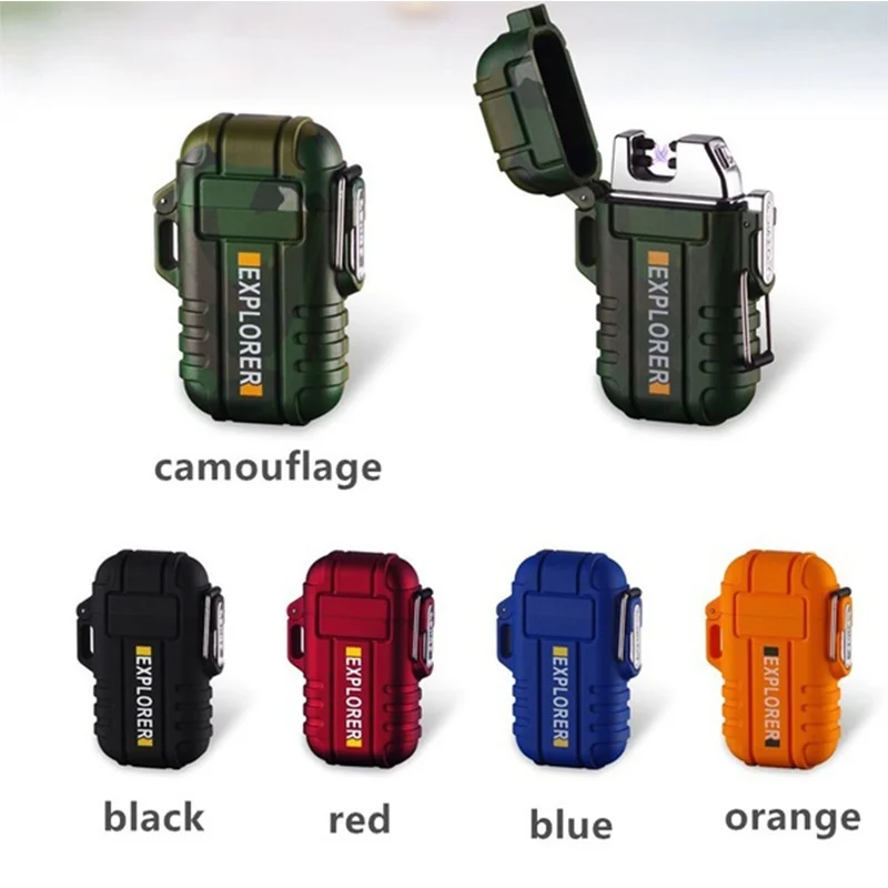 Waterproof Explorer Outdoor Camouflage Windproof Double Arc Pulse Plasma Cigarette Lighter USB Charging Electric Metal Lighter