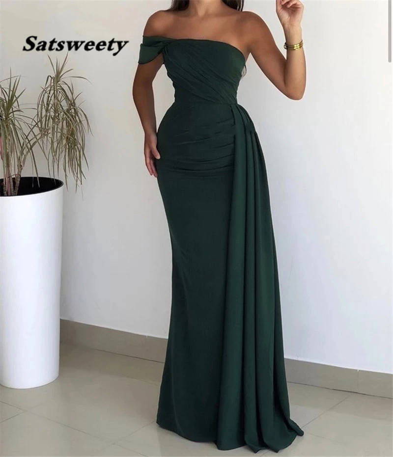 Vestidos de baile de formatura verde um ombro até o chão elastano cetim sereia vestidos com zíper voltar vestidos de festa de noche