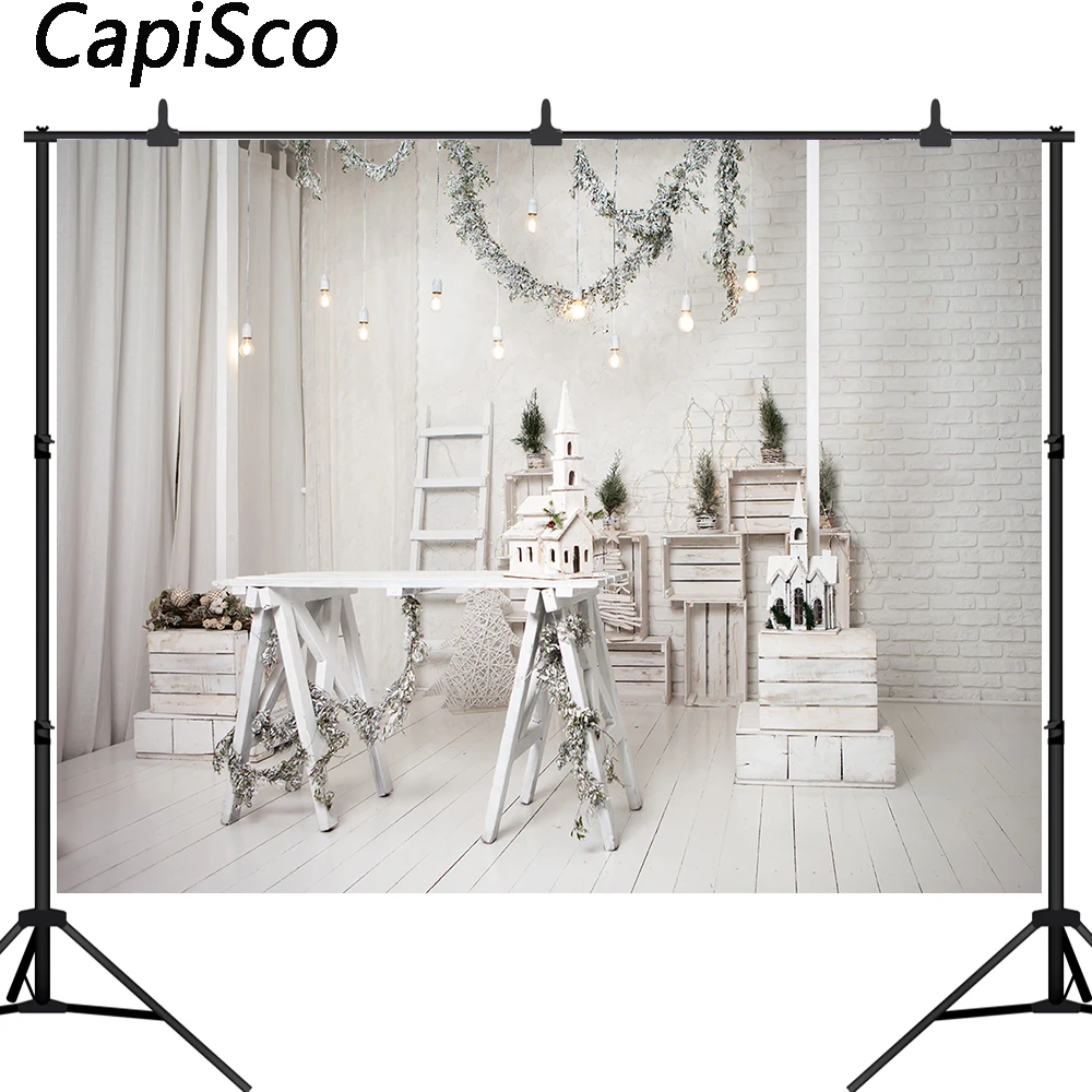 Capisco Merry Christmas Photography Background Xmas Tree Wooden box Vintage Brick Wall Light bulb Backdrop Decor Photo Studio