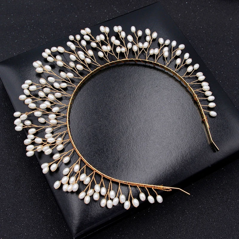 Hand woven Hairband Leaf Pearl Headbands For Women Bride Crown Tiara Wedding Hair Accessory