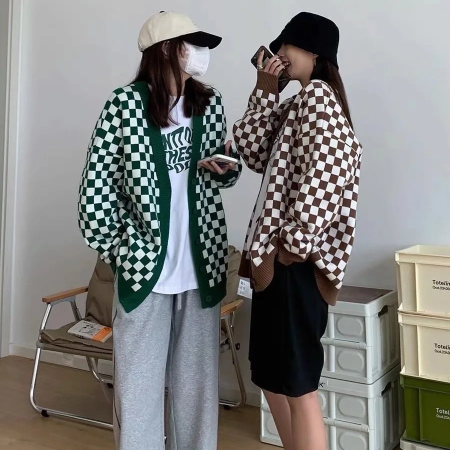 Checkerboard Cổ Tim Nữ Dài Tay Áo Len Dệt Kim Nữ Hàn Quốc Hồng Áo Len Cardigan Nữ Áo Có Nút Bấm