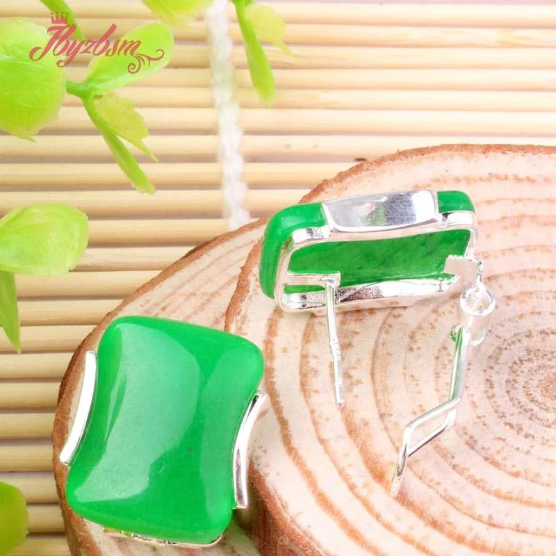 10x20mm Rectangle Stone Beads Agates Coral Cat Eye Jades Tibetan Silver Fashion Clamp Earring For Woman Christmas Gift 1 Pair