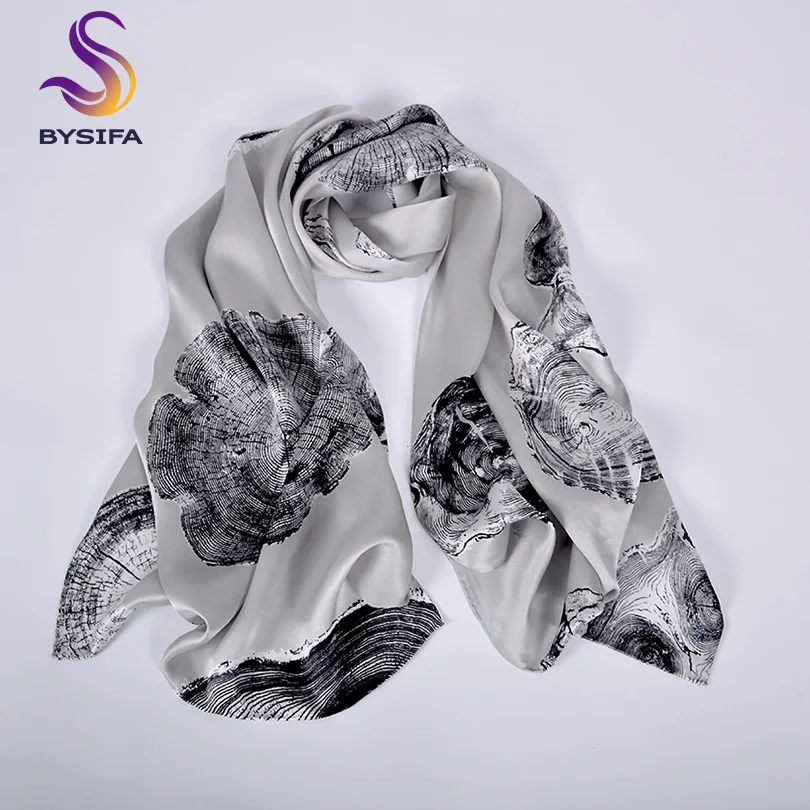 [BYSIFA] Blue White Silk Scarf Shawl Fashion Ladies Peony Design Long Scarves Spring Women Brand 100% Silk Neck Scarf 175*52cm