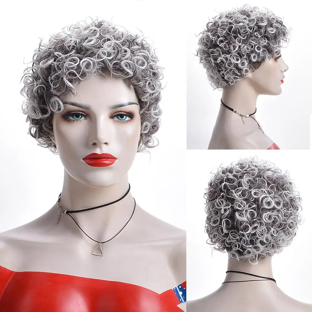 Short Synthetic Hair Ombre Black Grey Straight Wig Pixie Cut Wigs For Women Short Curly Bob Wig Cosplay Kinky Curly Daily Use