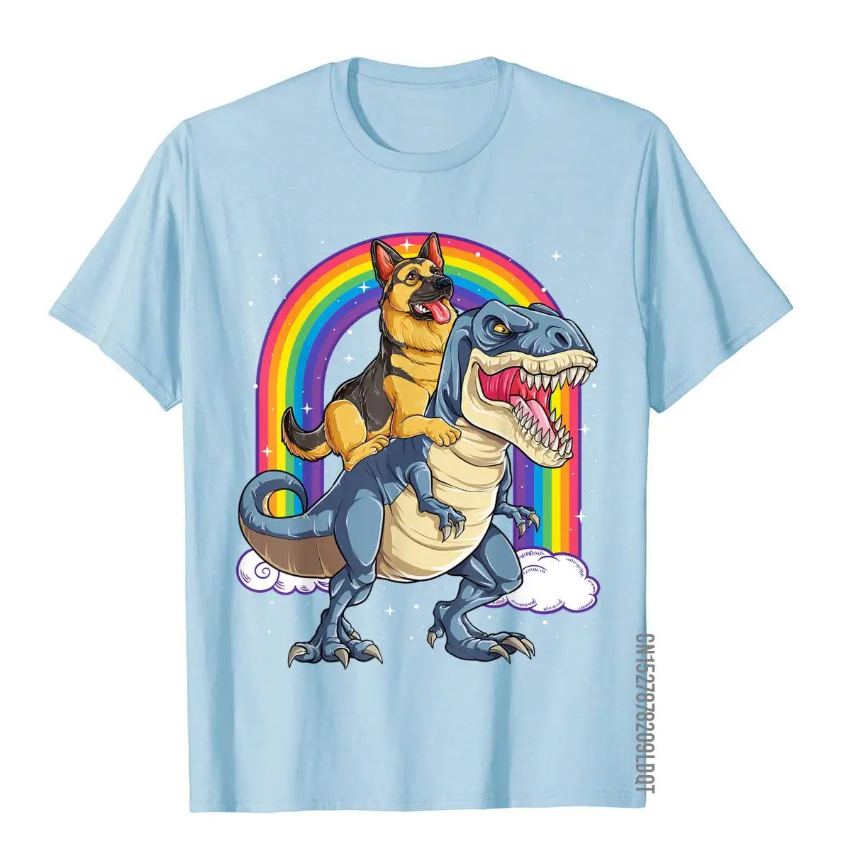 German Shepherd Riding Dinosaur T Rex Tshirt for Men Rainbow T-Shirt Cotton Design Tops T Shirt Faddish Mens T Shirts