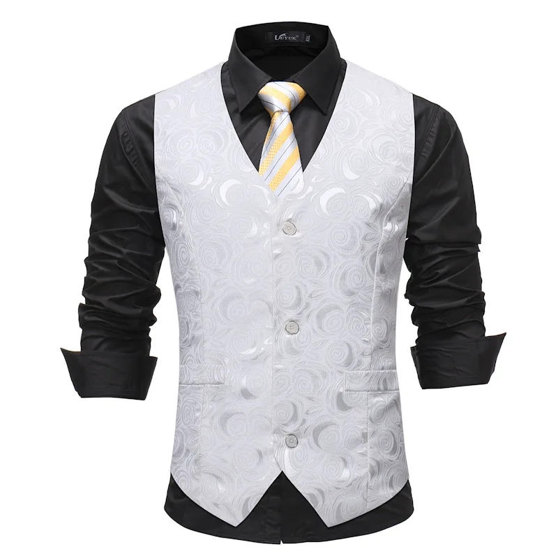 White Rose Floral Jacquard Vest Men 2023 Autumn New Single Breasted Vest Waistcoat Men Business Wedding Groom Vests Gilet Men