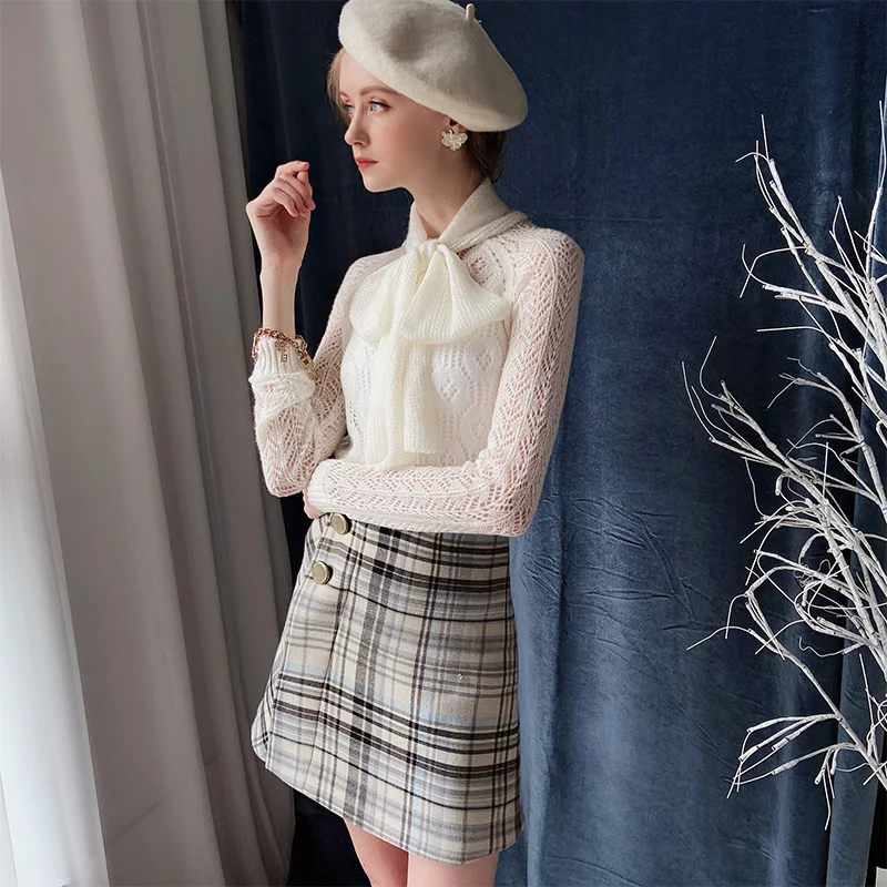 Dabuwawa Spring Autumn Vintage Plaid Skirt for Girls Office Lady Women New Grey High Waist Button A-Line Skirts Female D18DSK014