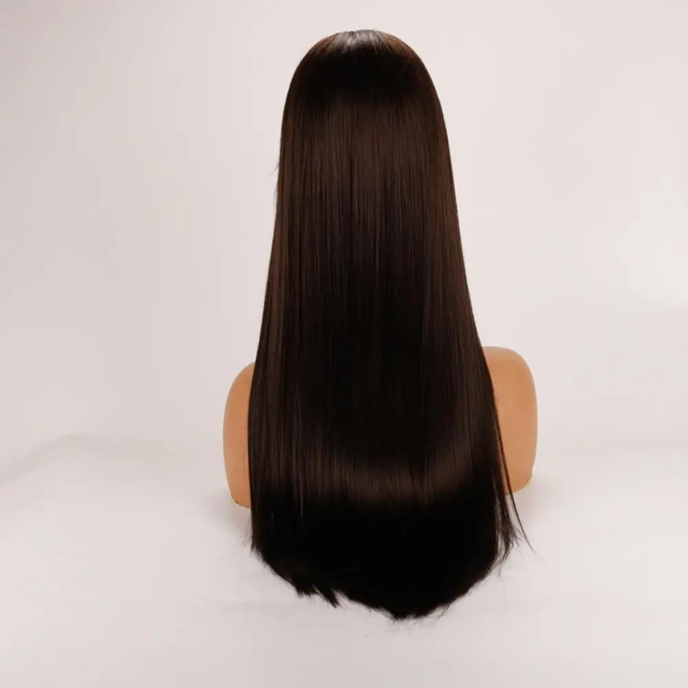 Peruca dianteira do laço sintético para mulheres, cor preta profunda, extensão do cabelo falso, resistente ao calor, peruca reta cosplay, 24"