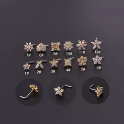 1PC L Shaped Nose Studs Stainless Steel Flower Cubic Zirconia 20G Nostril Bone Screw Indian Nose Ring Piercing