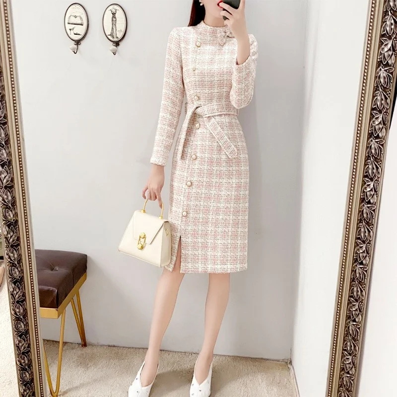 Bow Elegant Tweed Dress Women Stand Collar Slim Fit Plaid Dress New Autumn Long Sleeve Office Ladies Knee Length Split Dresses