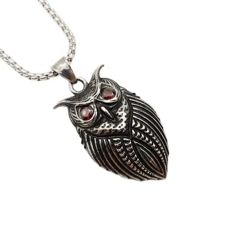 New womens cute night owl charm necklace 316L stainless steel red crystal eyes night owl animal pendant necklace