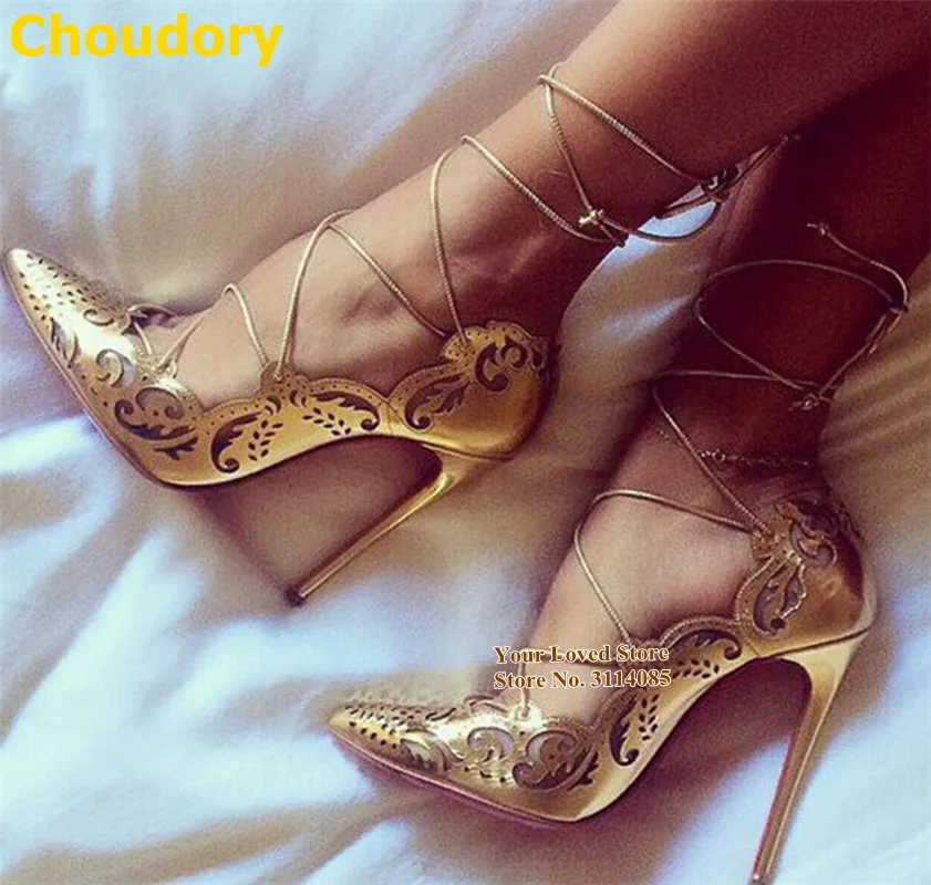 Choudory Thin High Heels Floral Cut-out Dress Shoes Pointed Toe Flowers Carved Pattern Wedding Pumps Lace-up Cross Strappy Shoes