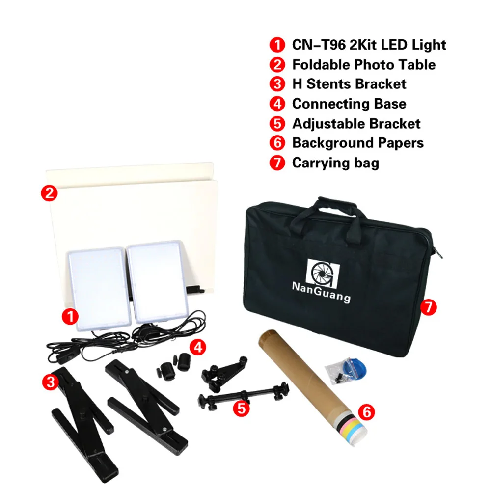 NanGuang LED Photo Light Lamp CN-T96 2 Kit 220V Photographic Lighting with Mini Shooting Table & Background Paper Kit