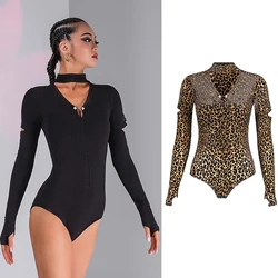 Latin Dance Tops Women V Neck Black Leopard Long Sleeves Bodysuit Latin Practice Clothes Rumba Samba Ballroom Shirts DNV15496