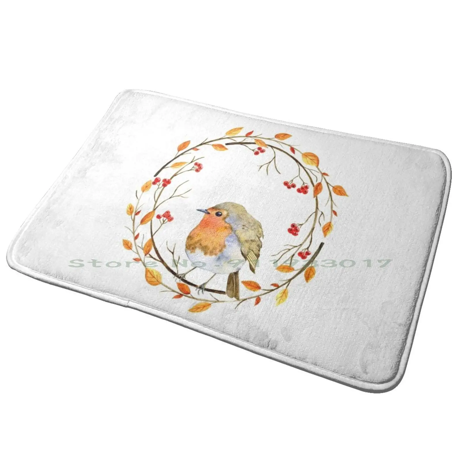 Robin On Its Branch Entrance Door Mat Bath Mat Rug Autumn Season Fall Leaves Red Throat Bird Berries Christmas Watercolor