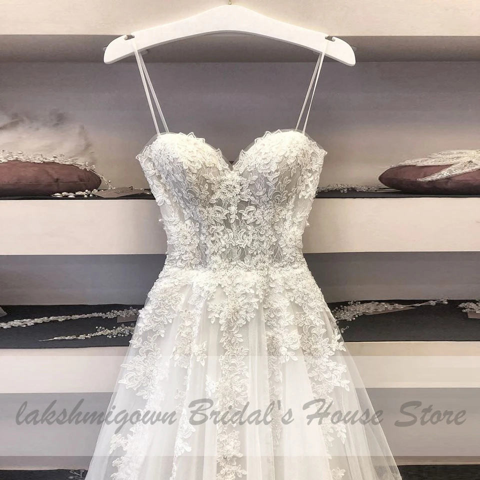 2021 Trouwjurk 섹시한 라인 웨딩 드레스 스파게티 스트랩 빈티지 레이스 아플리케 화이트 Tulle Mariage Long Bridal Dress