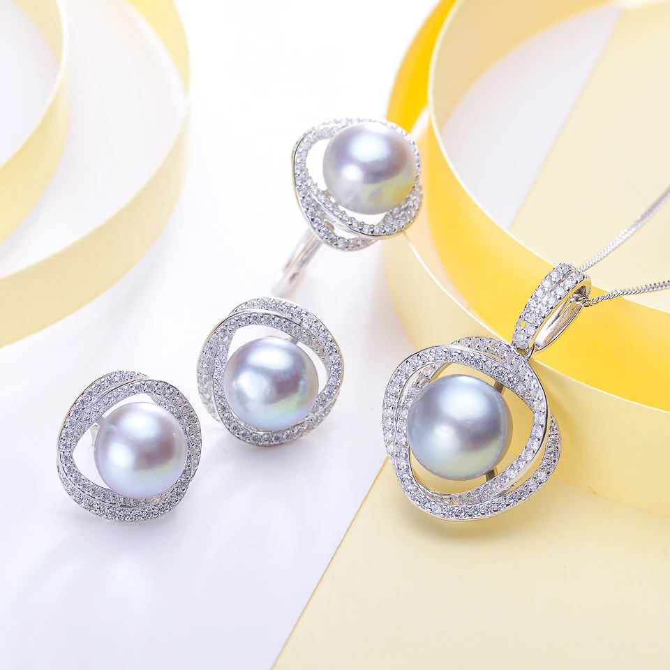 Zorun- Genuine Natural Freshwater Pearl Wedding  Jewelry Sets 11-12MM with 925 Sterling Silver Ring Sets for Women