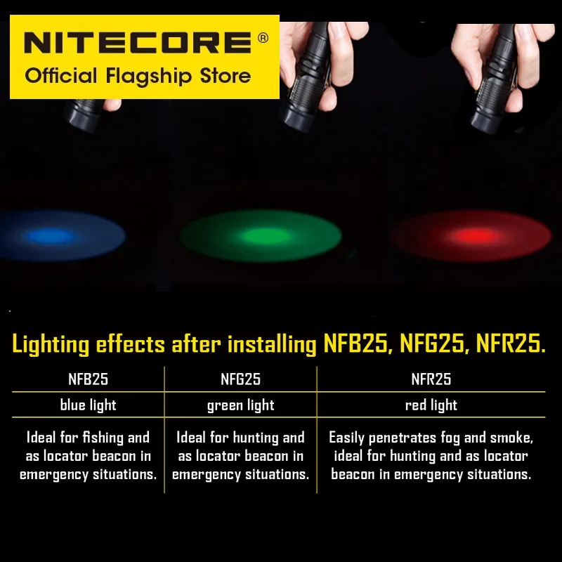 NITECORE 25.4mm Flashlight Filter Red Blue Green,Diffuser Traffic Wand NFR25 NFB25 NFG25 NFD25 for P10I P10ix EC23 MH12S MH12 V2