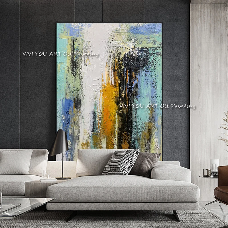 Abstract Yellow black blue green Oil Painting on Canvas  Modern Scandinavian Wall Art Picture Home Decor Oil Painting Artwork