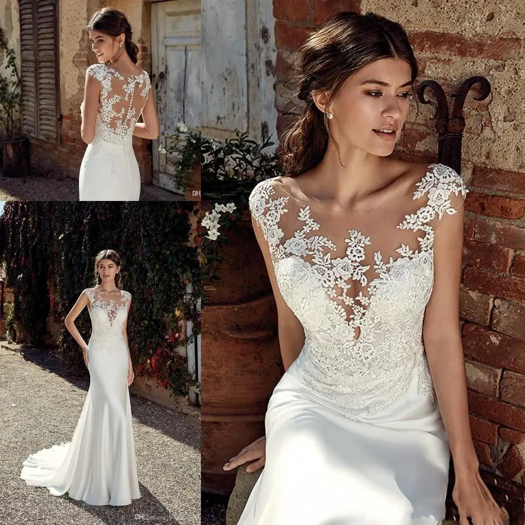 

Modest Soft Satin Bateau Neckline Mermaid Wedding Dresses With Lace Appliques Sheer Bridal Dress Illusion Back