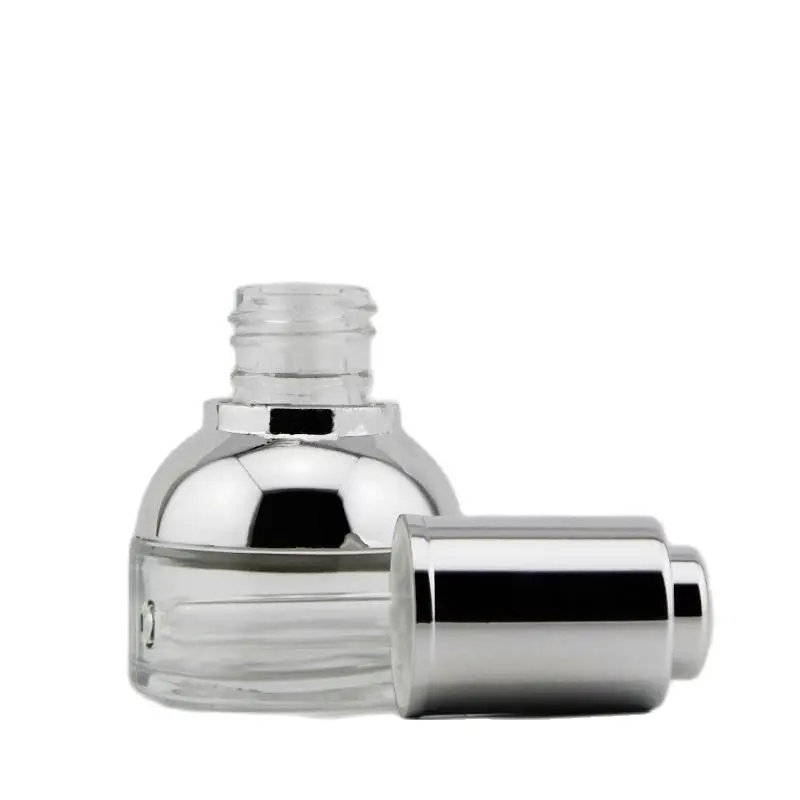 

NEW ARRIVAL 30ml transparent glass dropper bottle with silver shoulder and silver press dropper ,white bulb glass bottle