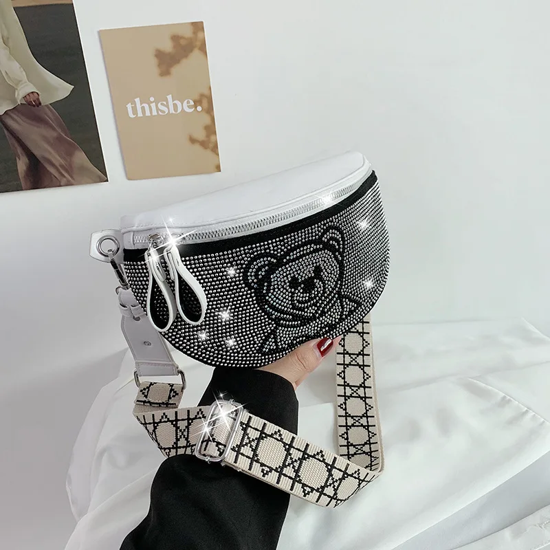 Pu Waist Bag 2021 New Korean Fashion Rivets Cute Bear Cartoon Girl Street Fashion Bungee Messenger Bag