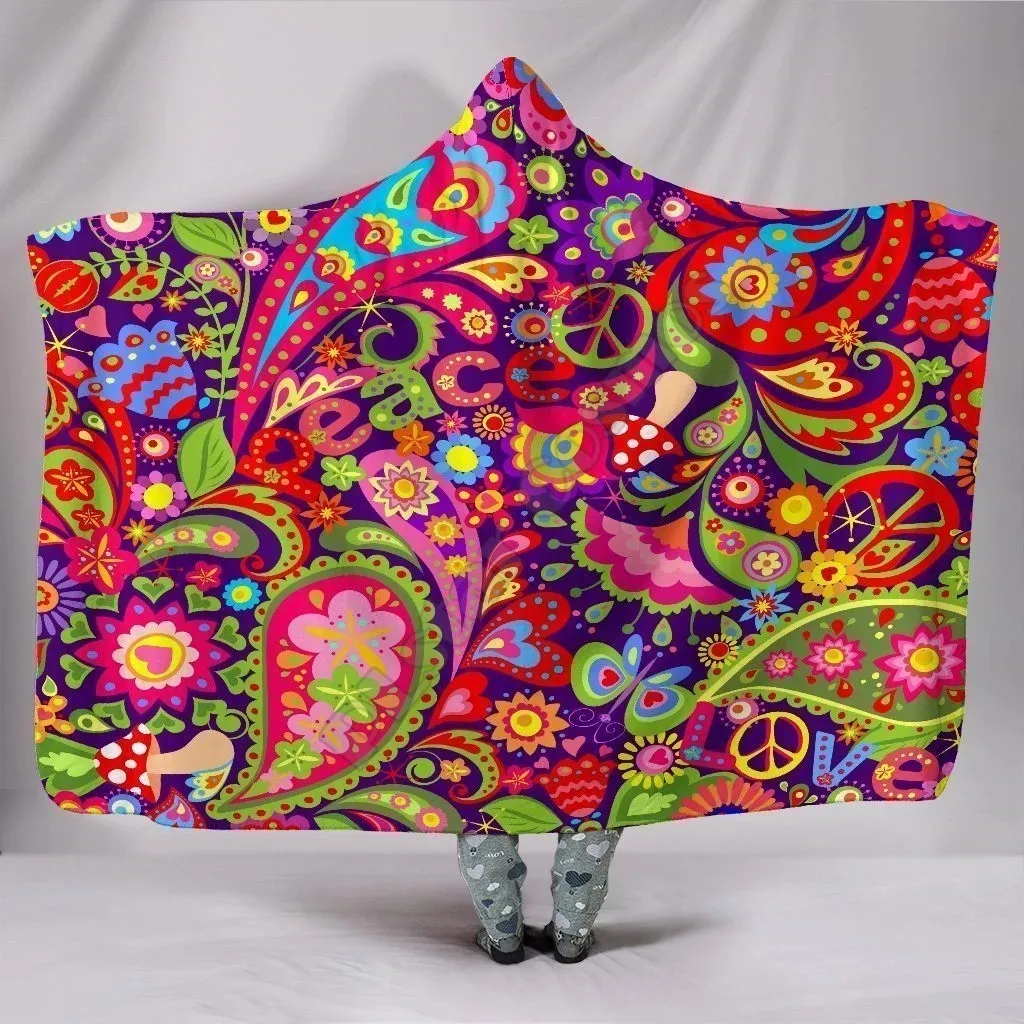 

Hippie Peace 3d All Over printed Hooded Blanket Adult child Sherpa Fleece Wearable Blanket Microfiber Bedding