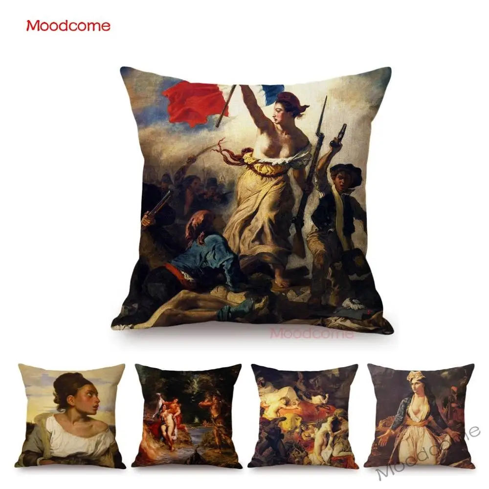 

French Painter Eugene Delacroix Liberty guiding the people Famous Oil Painting Home Decorative Pillow Case Sofa Cushion Cover