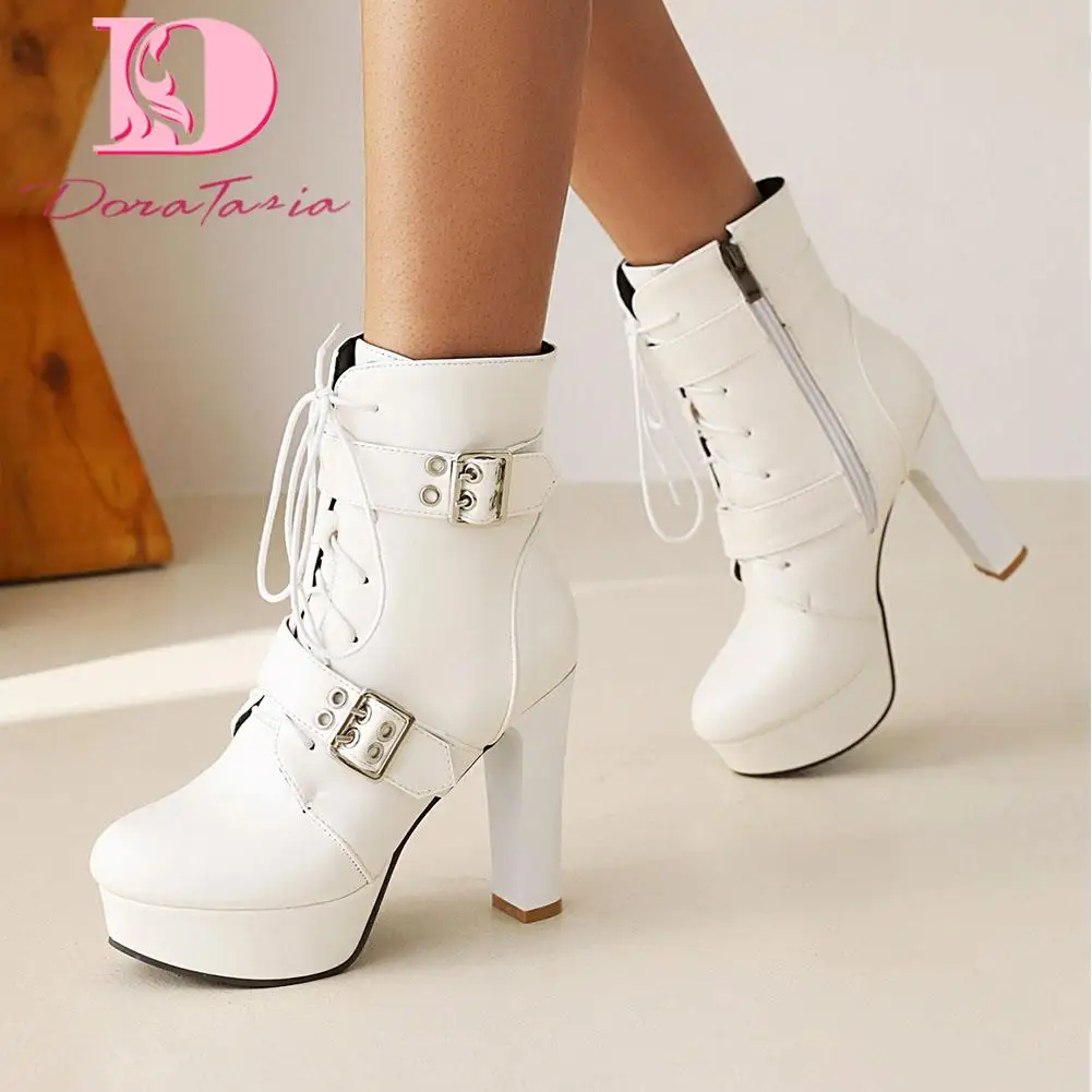 

Doratasia INS Hot Fashion Female Thick Heels Pointed Toe Boots Platform Zip Solid Cross-Tied Ankle Boots Women Plus Size 33-48