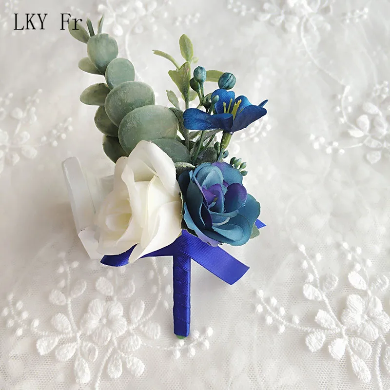 Lky Fr Corsage Wedding Boutonnières Blauwe Rozen Zijde Armband Bloemen Bruidegom Man Pak Knoopsgat Broche Pins Huwelijk Accessoires