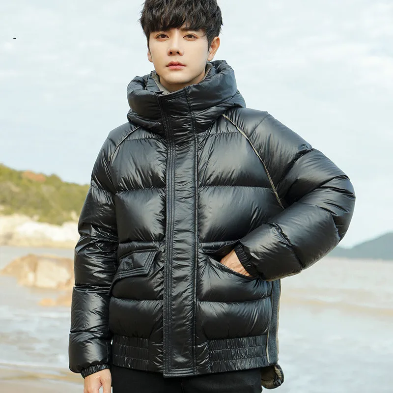 Mens Down Jacket New Winter Glossy Hooded Casual Youth Thickened Warm and Trendy White Duck Down