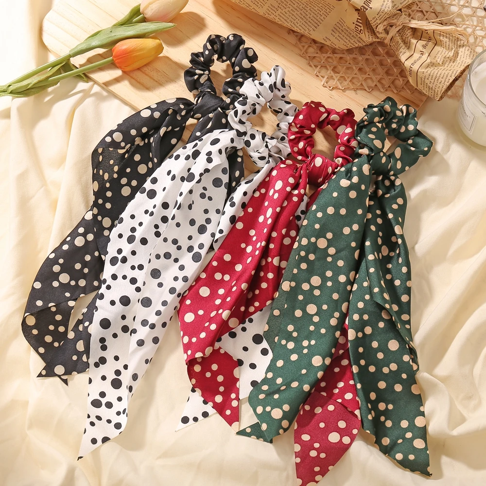 Fashion Floral Spot Hair Scrunchies Long Ponytail Hair Scarf Hair Ribbon For Women Sweet Elastic Hair Bands Hair Accessories