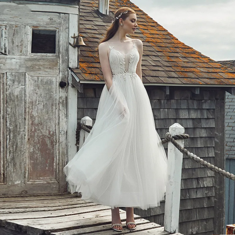 Semplici abiti da sposa corti da spiaggia lunghezza alla caviglia spalline sottili Appliques Backless Country abiti da sposa a-line Vestido De Novia