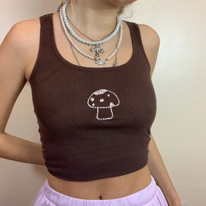 

Indie Aesthetics Mushroom Diamond Tank Tops Y2K Vintage U-neck Sleeveless Slim Fit Crop Top 90s Cute Vest Streetwear Outfits