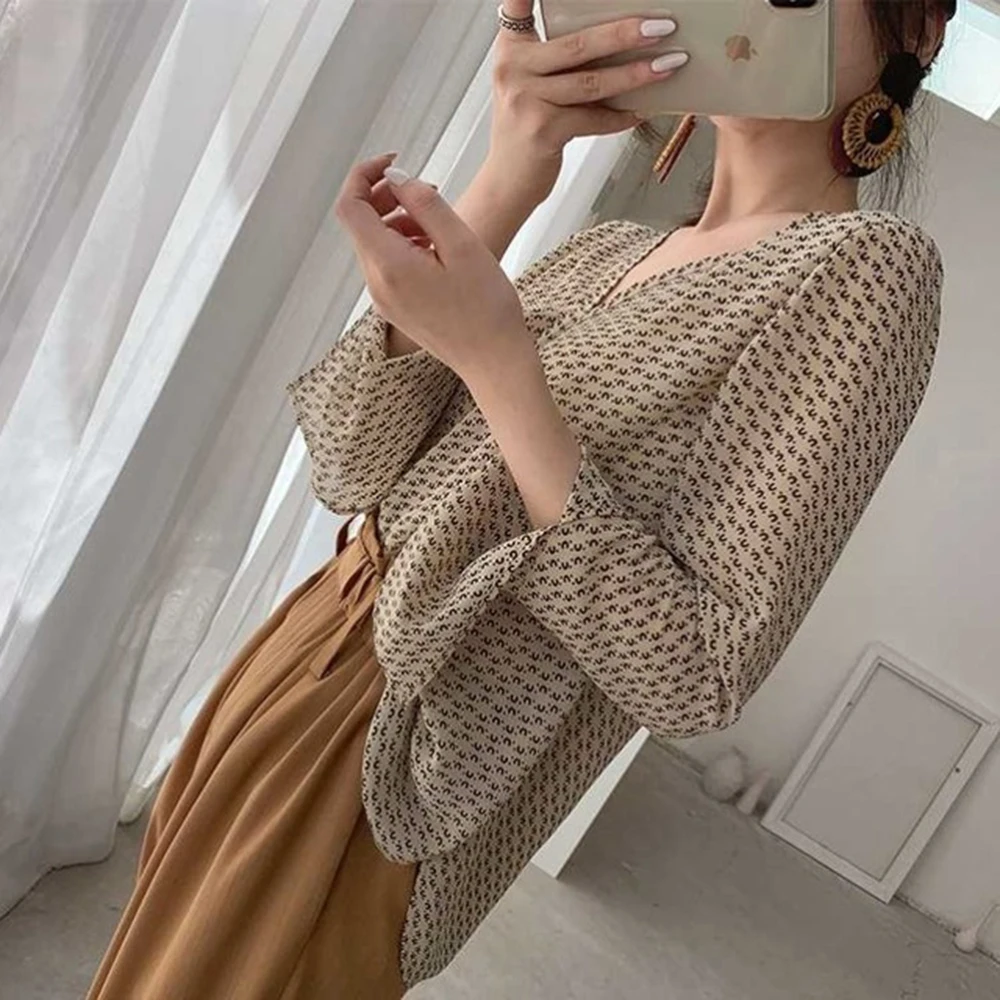 Vintage Printed Fashion Women Blouses Women Long Sleeve Shirts Ladies Loose Lattice Chiffon Blouse Femme Top