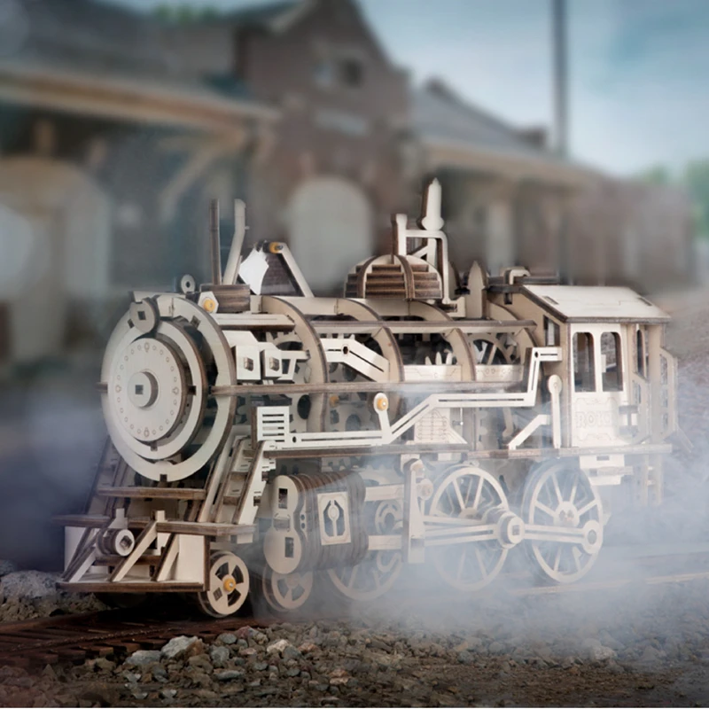 Kids Educational Toys DIY Clockwork Gear Drive Locomotive 3D Wooden Model Building Kits Toys Hobbies Gift for Children Adults