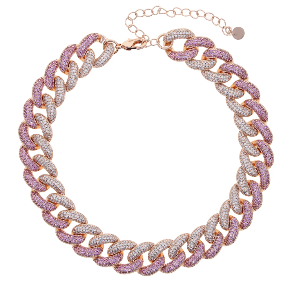 16mm Rose Gold Color Miami Cuban link Chain Pink Iced Out White Cubic Zirconia Two Tone Colored Hip Hop Fashion Choker Necklace