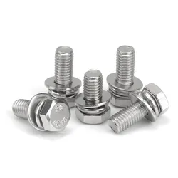 1/10pcs M4 M5 M6 M8 M10 M12 304 Stainless Steel External Hex Hexagon Head SEM Screw Flat Washer Spring Gasket Assemble Bolt