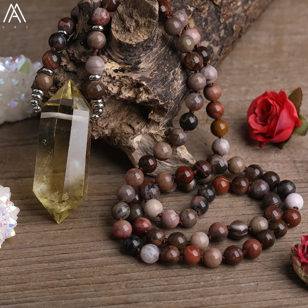 

Healing Citrines Quartz Pendant Necklace For Women Fossils Wooden Jaspers Beads Yoga Meditation Necklace Jewelry Dropship