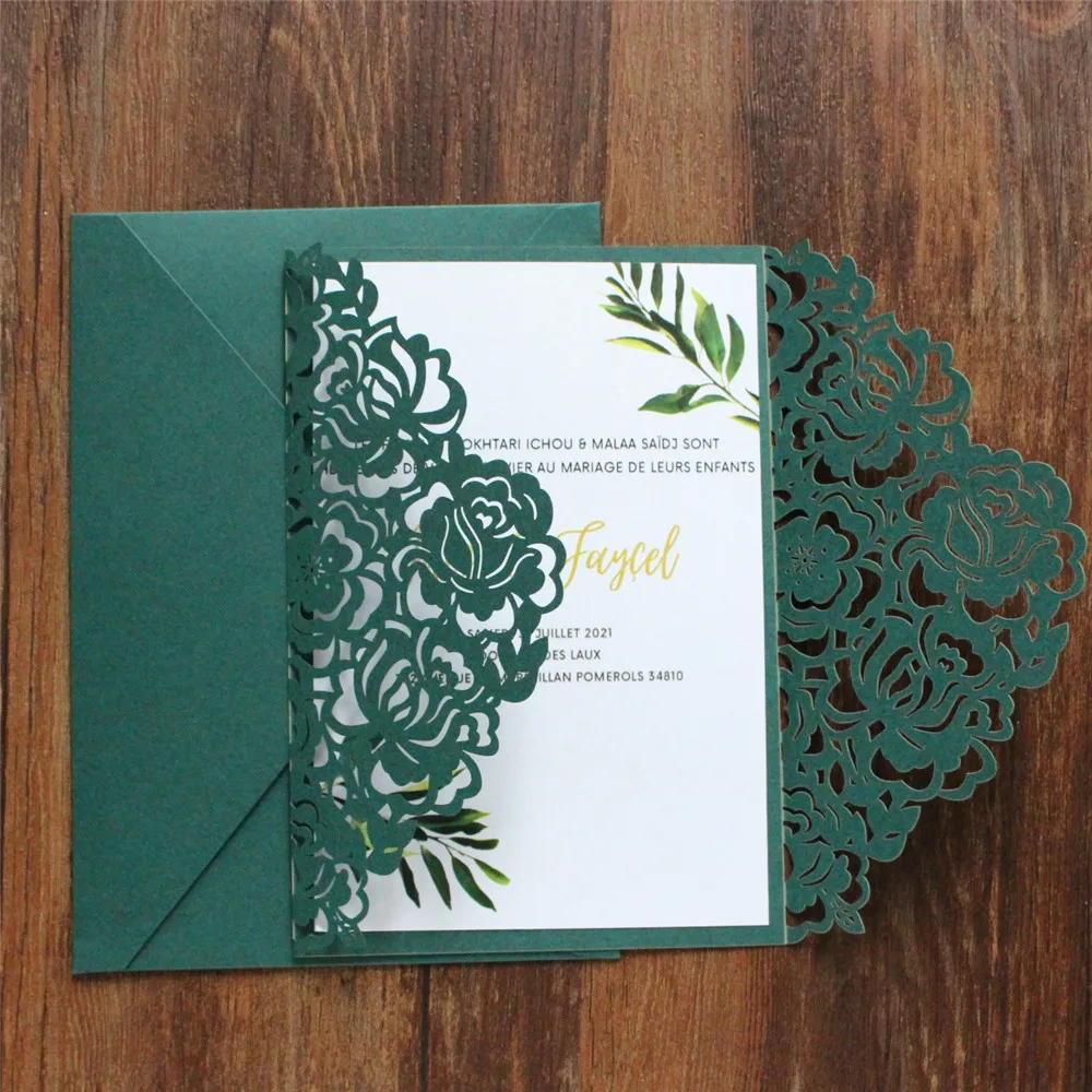 Green Laser Cut Wedding Invitation Card Envelope Fall Winter Birthday Bridal Shower Invites Personlaized Text Printing